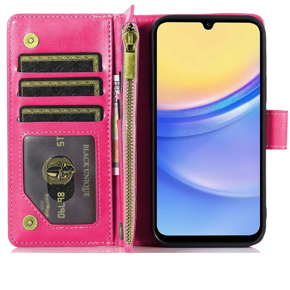 For Samsung Galaxy A15 5G Leather Wallet Case with Zipper, 9 Card Slots, Cash Pocket, Stand & Strap, Clutch Pouch Design Case Cover Hotpink