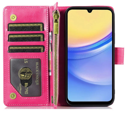 For Samsung Galaxy A15 5G Leather Wallet Case with Zipper, 9 Card Slots, Cash Pocket, Stand & Strap, Clutch Pouch Design Case Cover Hotpink