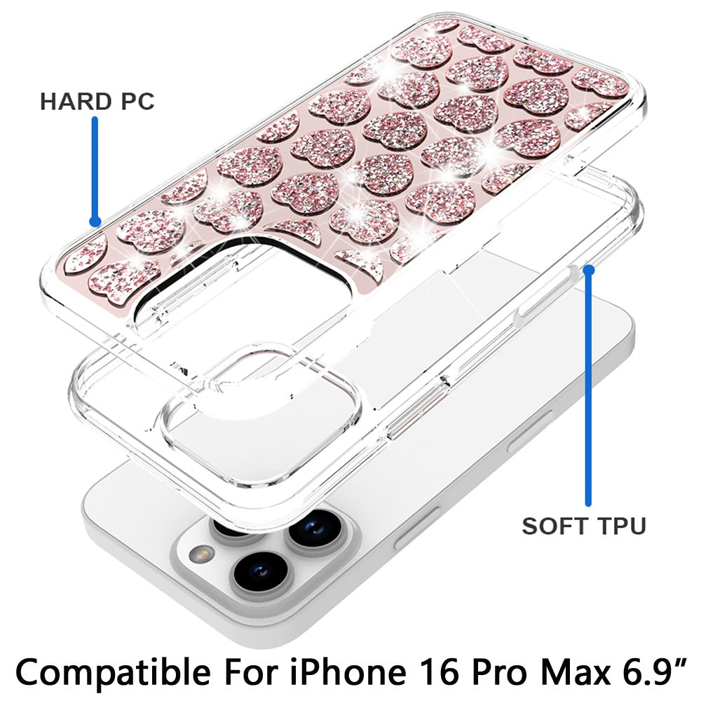 For Apple iPhone 16 Pro Max (6.9") Sparkly 3D Design Diamond Shockproof Protective Bling Rhinestone Hybrid Skin PC + TPU Case Cover