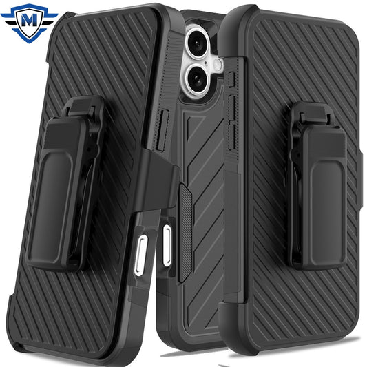 For Apple iPhone 16 (6.1") Premium Design Hybrid lined with Belt Clip Holster Shockproof Rugged Textured 2in1 Non Slip Tough Case Cover Black