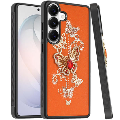 For Samsung Galaxy S26 Diamonds 3D Butterfly Bling Sparkly Glitter Ornaments Engraving Hybrid Metal Fashion Case Cover Garden Butterflies Cosmic Orang