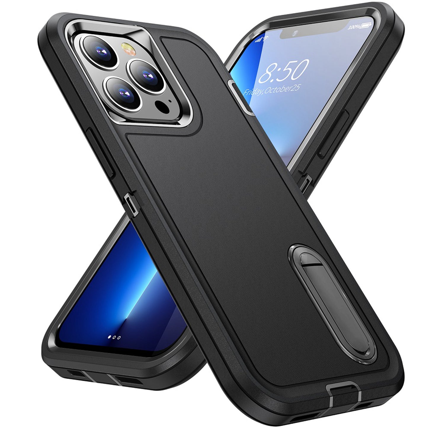 For iPhone XR Hybrid 3 Layers Hard 3in1 Shockproof with Kickstand Heavy Duty Hard TPU Rubber Anti-Drop Case Cover Black +Black