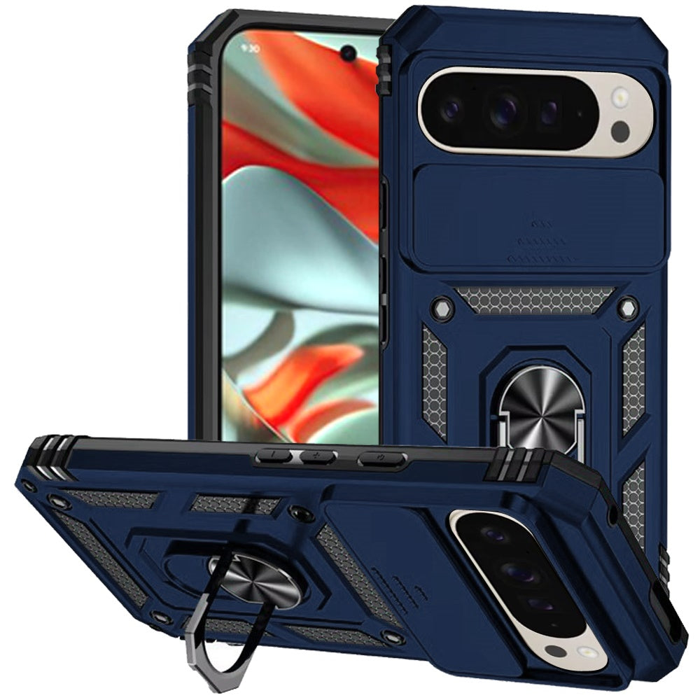 For Google Pixel 9 Pro XL Hybrid Ring Shockproof with 360° Rotate Ring Kickstand, Camera Lens Protection, Soft Edge Bumper Case Cover Red