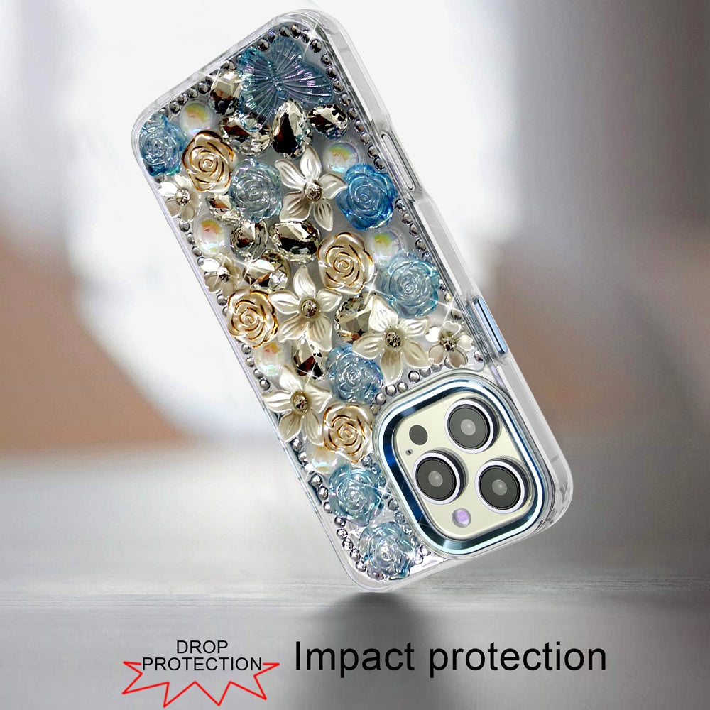 Phone Case for Apple iPhone 16 Pro Max Luxury Rose Bling Rhinestone Glitter Floral Hybrid Shockproof Stylish Protective Designer Ornament Sparkle Cover