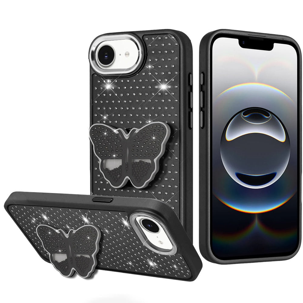 For Apple iPhone 17E /16E Butterfly Moveable Grip 3D Pop Stand Full Diamond Bling Sparkling TPU Fashion Hybrid Case Cover