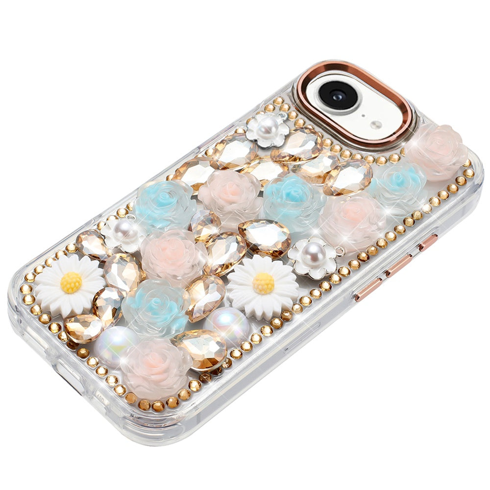 For Apple iPhone 17E /16E Fashion Daisy Floral Series, Full 3D Bling Crystal Diamonds Sparkling Rhinestone Glitter Hybrid Design Case Cover