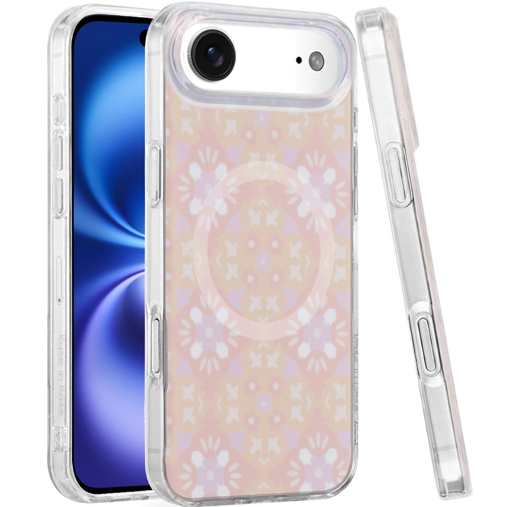 For Apple iPhone 17 Pro Max Stylish Pattern Fashion IMD Printed Design TPU Double Layer Slim Shockproof with Magnetic Back Case Cover Flowers Pink Gradient