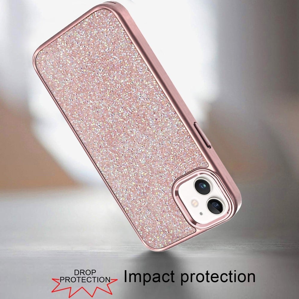 For Apple iPhone 11 Crystal Sparkle Diamond Glass Full Mini Glitter Bling Frame TPU Hybrid Protective Case Cover Rose Gold