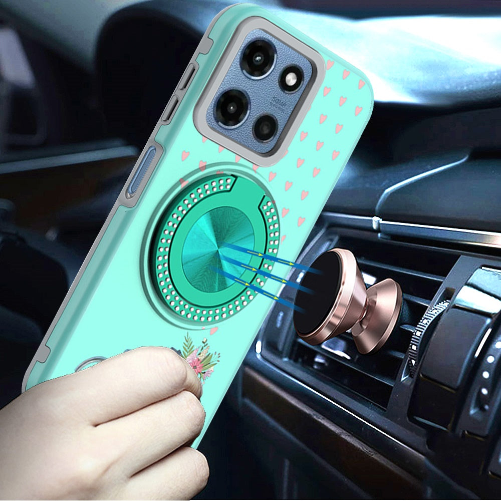 For Motorola Moto G Play 5G 2026 Pattern Design Hybrid with Invisible Ring Stand & Magnetic Back, Shockproof Protective Grip Case Cover