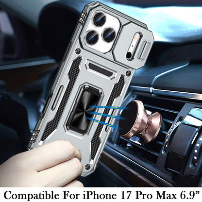 For Apple iPhone 17 Pro Max (6.9") Tough Hybrid Case with Movable Camera Window & Metal Ring Stand Shockproof Case Cover