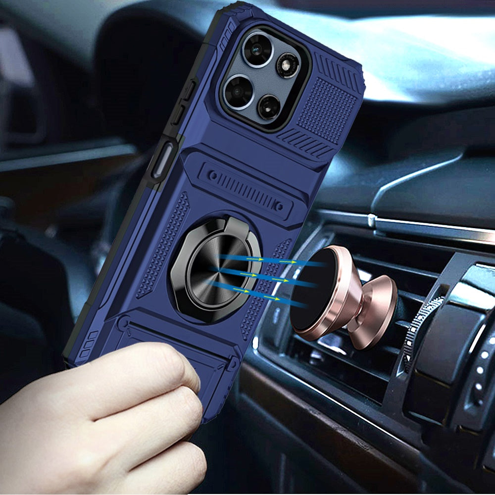 Phone Case for Motorola Moto G Play 5G 2026 Multi Functional Card Slot Shockproof Metal Ring Hybrid Wallet Rugged Protective Grip Heavy Duty Durable Cover Blue