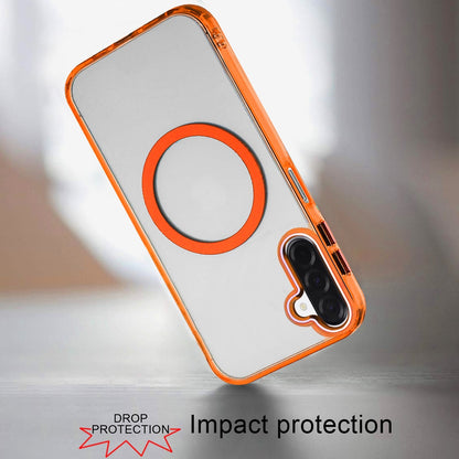 For Samsung Galaxy A17 5G Transparent Back Hybrid Case - Magnetic Circle, Color Frame, Metal Buttons, MagSafe Compatible Case Cover Rose Gold