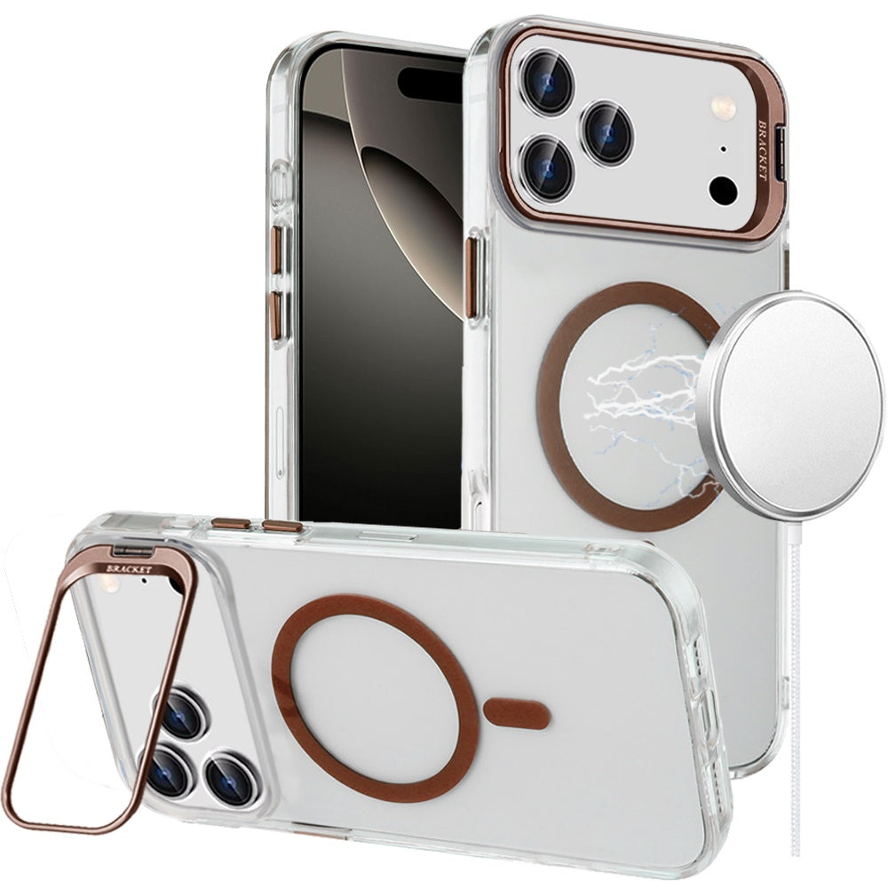 For Apple iPhone 17 Pro Max (6.9") Magnetic Back MagSafe Compatible Transparent Hybrid Drop Protection with Metallic Camera Stand Case Cover Desert Gold