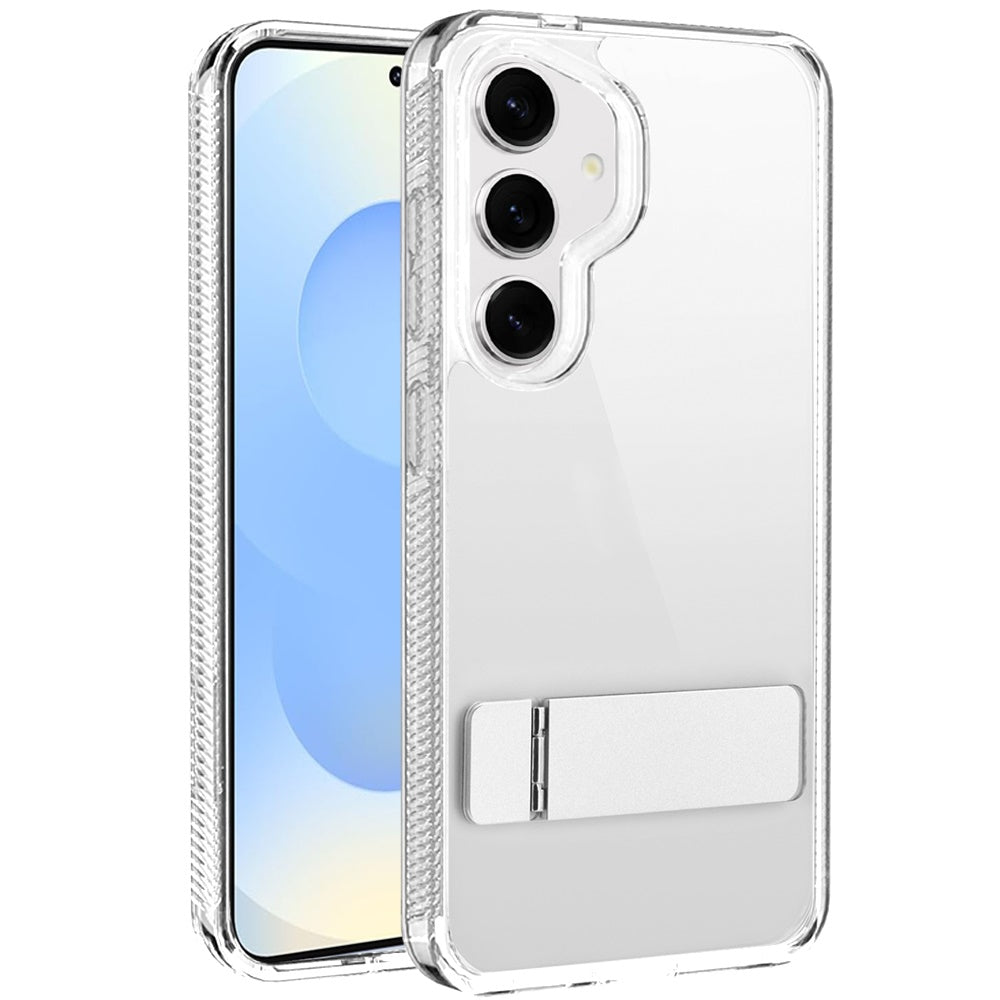 For Samsung Galaxy S25 /S24 Transparent with Sturdy Metal Kickstand Hybrid Dual Layer Tough Shock-Absorbent Slim Fit Hard PC + TPU Case Cover Clear