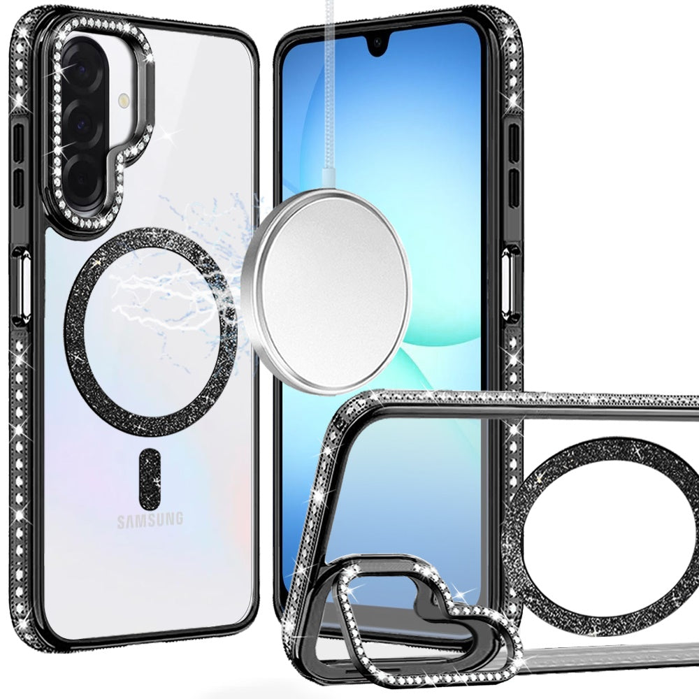 Phone Case for Samsung Galaxy A17 5G Luxury Diamond Bling Edged Magnetic Glitter Shockproof Hybrid with Camera Kickstand Durable Grip Cover