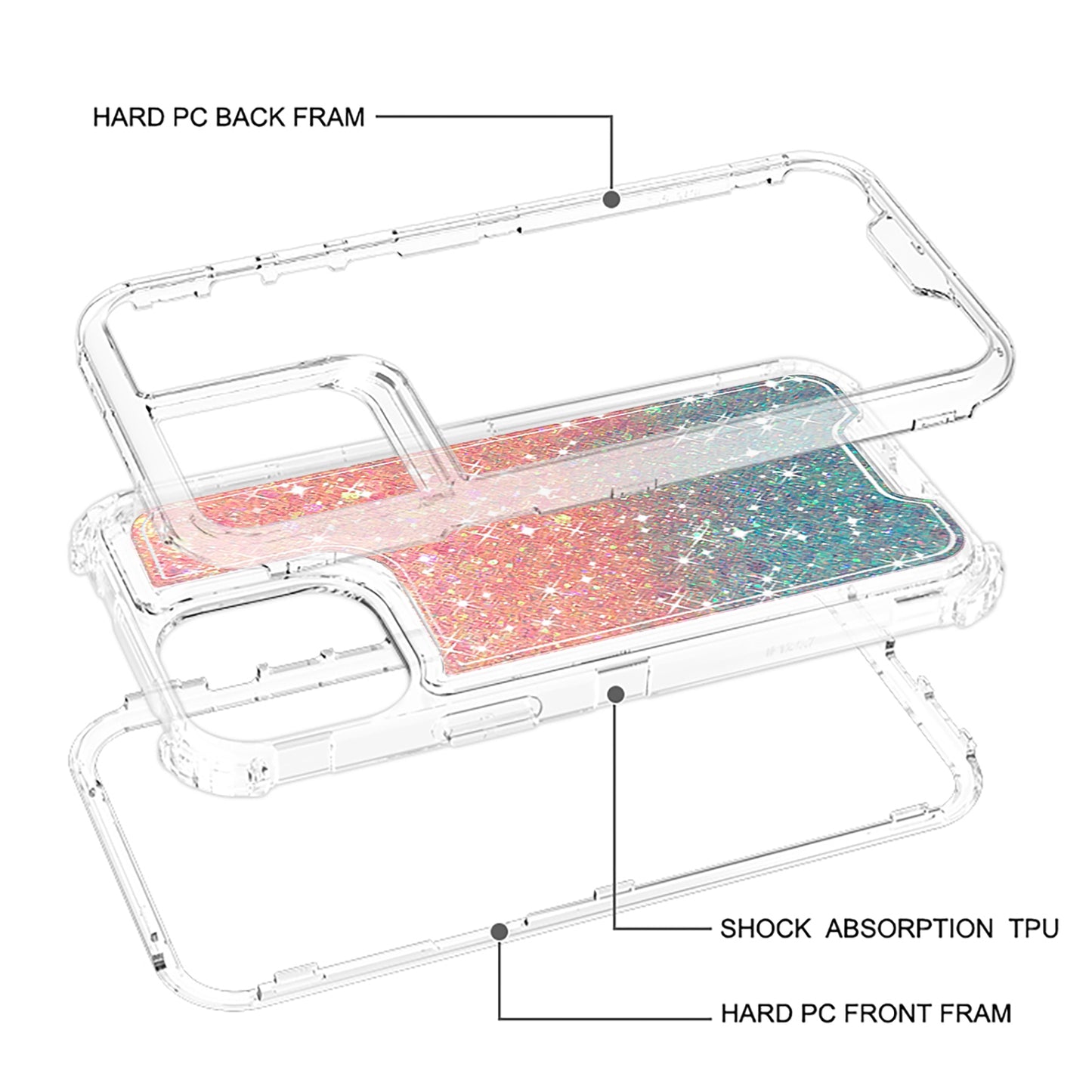 For Apple iPhone 17E /16E Epoxy Bling Glitter Sparkly 3-in-1 Transparent Hybrid Full-Body Shockproof PC Bumper Case Cover Pink + Blue