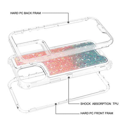 For Apple iPhone 17E /16E Epoxy Bling Glitter Sparkly 3-in-1 Transparent Hybrid Full-Body Shockproof PC Bumper Case Cover Pink + Blue