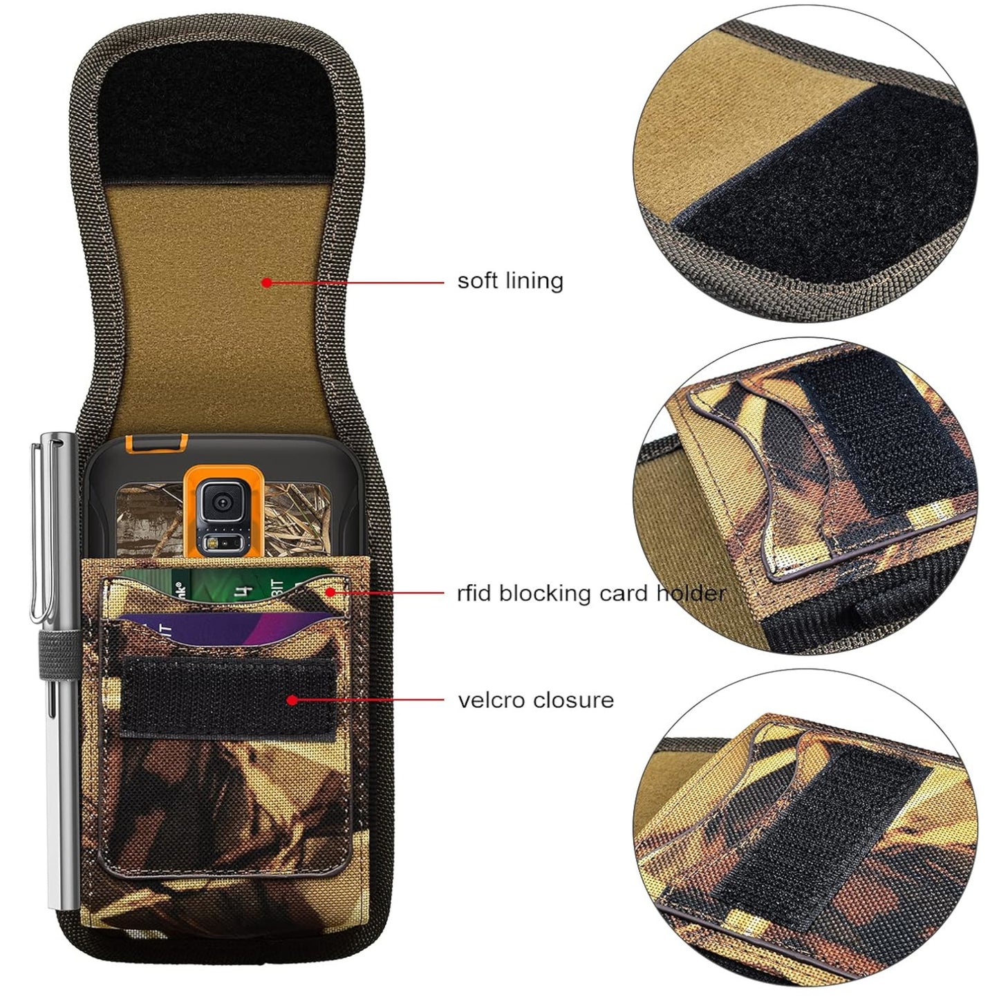 For Apple iPhone 16 (6.1") Vertical Camouflage Nylon Canvas Holster Universal Cell Phone Pouch Velcro Closure with Credit Card Slot & Belt Clip Loop Carabiner [Hunting Camo]