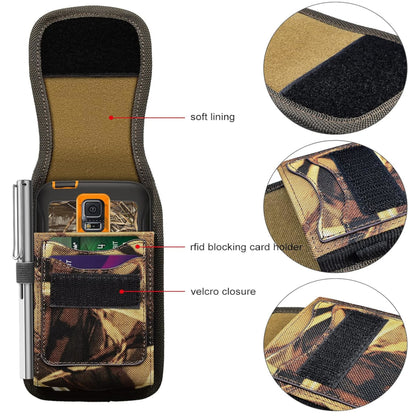 For Apple iPhone 16 Pro (6.3") Vertical Camouflage Nylon Canvas Holster Universal Cell Phone Pouch Velcro Closure with Credit Card Slot & Belt Clip Loop Carabiner [Hunting Camo]