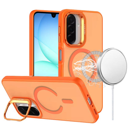 For Samsung Galaxy A16 5G MagSafe Compatible Matte Metallic Stand TPU Hybrid Drop Protection Camera Kickstand Case Cover Cosmic Orange
