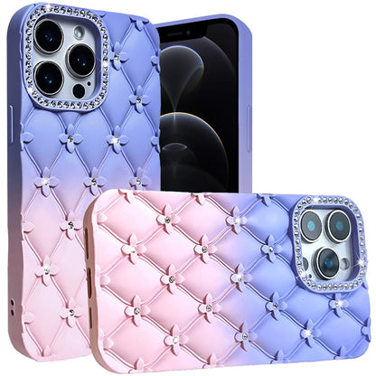 For Apple iPhone 12 Pro Max Fashion Flower Design Sparkle Glitter Shimmer Rhinestone Bling Floral Accents, Leather Texture TPU Case Cover