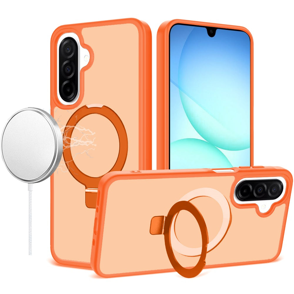 For Samsung Galaxy A17 5G Magnetic Circle Back with Ring Stand Full Rotation Matte Hybrid Shockproof Case Cover Cosmic Orange