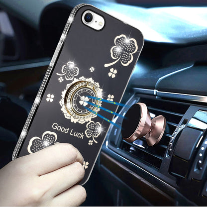 For Apple iPhone 17E /16E Diamonds Bling All Around Edges Sparkly Glitter Hybrid with Ring Stand Holder Fashion Good Luck Case Cover