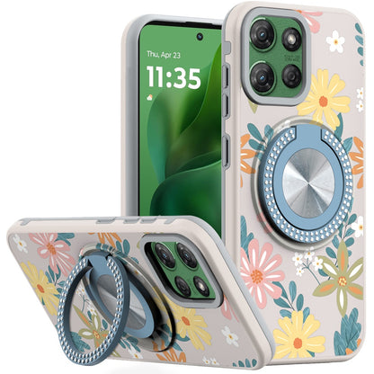For Samsung Galaxy A16 Pattern Design Hybrid with Invisible Ring Stand & Magnetic Back, Shockproof Protective Grip Case Cover Summer Blossom Flowers