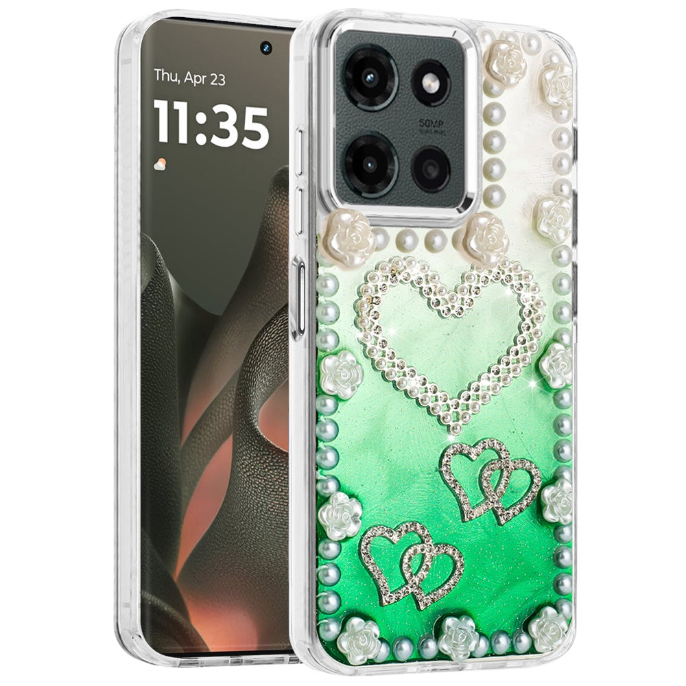For Motorola Edge 2025 Bling Fashion Design with 3D Pearls Epoxy Glitter Ornaments Chrome Edge Hard Slim PC Case Cover