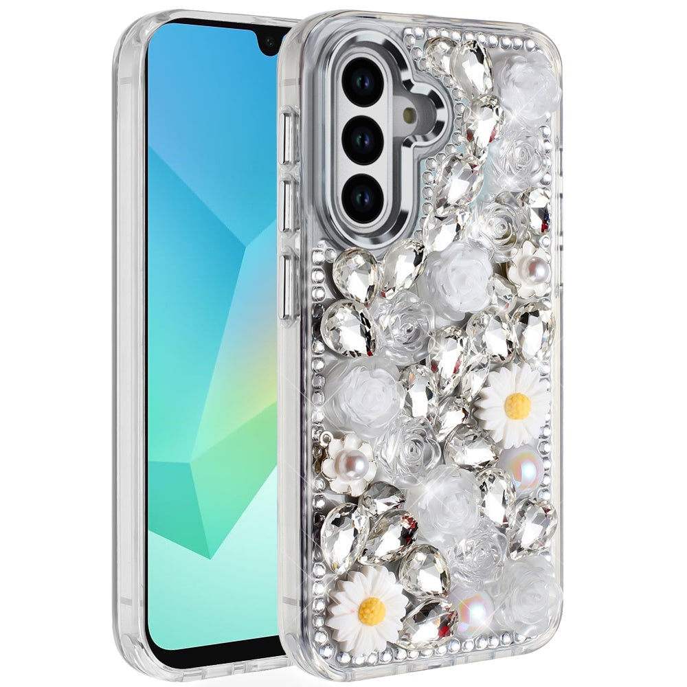 For Samsung Galaxy A36 Fashion Daisy Floral Series, Full 3D Bling Crystal Diamonds Sparkling Rhinestone Glitter Hybrid Design Case Cover Silver