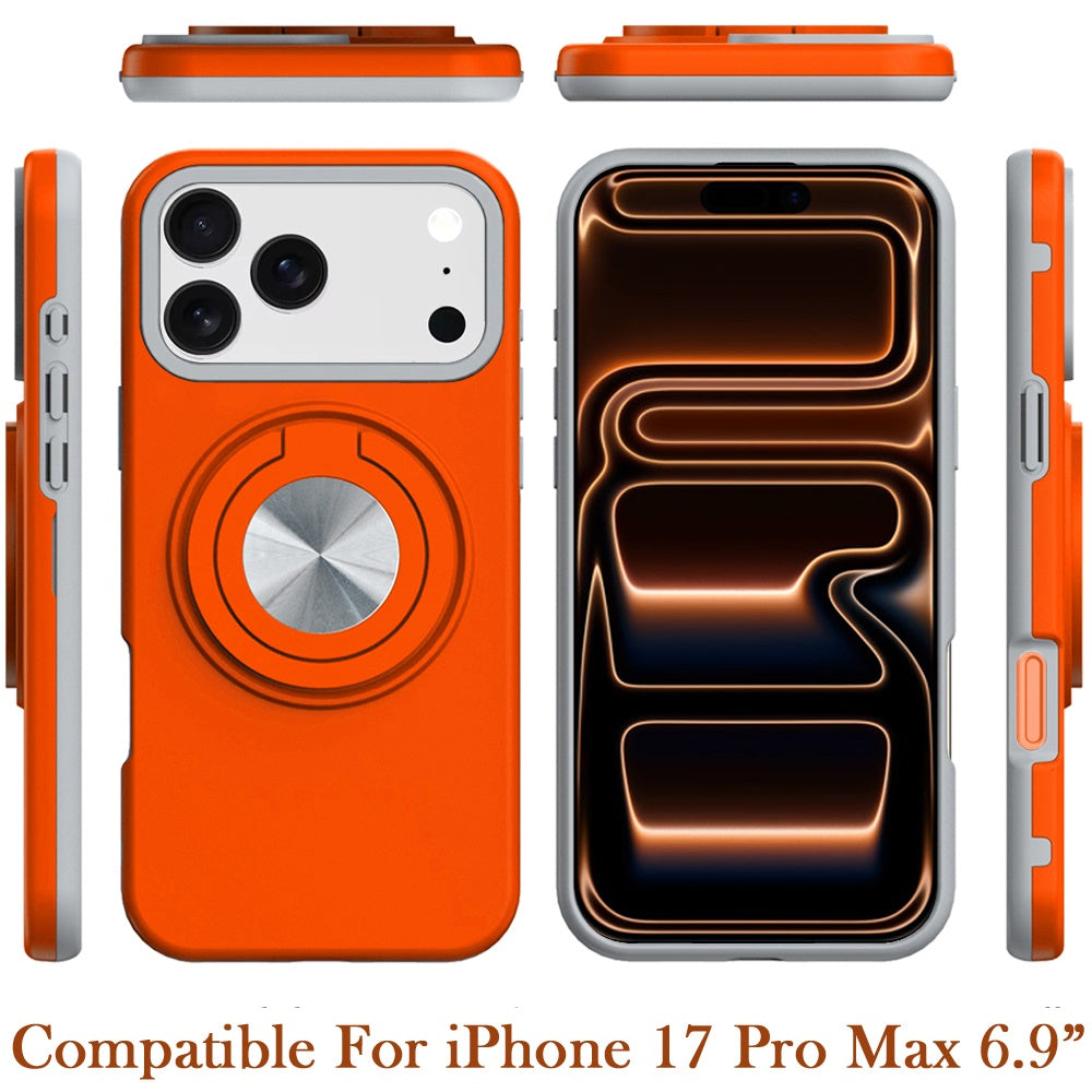 For Apple iPhone 17 Pro Max Metal Matte Hybrid with Invisible Rotational Ring Stand, Car Mount Friendly, Military Grade Slim Fit Sturdy Case Cover Cosmic Orange