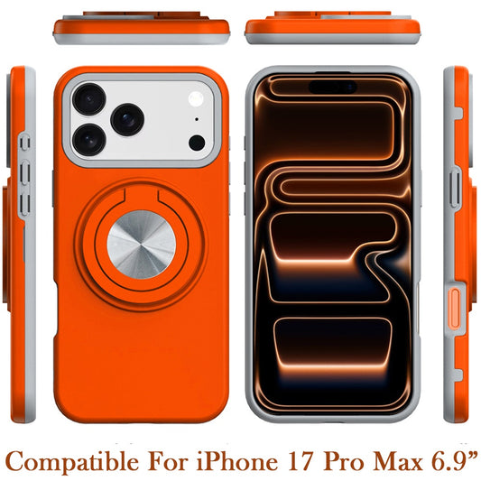 For Apple iPhone 17 Pro Max Metal Matte Hybrid with Invisible Rotational Ring Stand, Car Mount Friendly, Military Grade Slim Fit Sturdy Case Cover Cosmic Orange