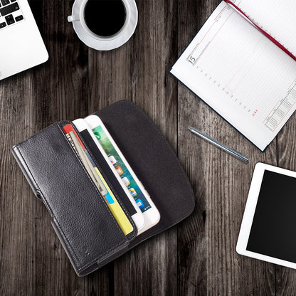 For Apple iPhone 16 Pro (6.3") Universal Horizontal PU Leather Phone Belt Holster Case Magnetic Closure with Credit Card ID Holder Pouch Cover [Black]