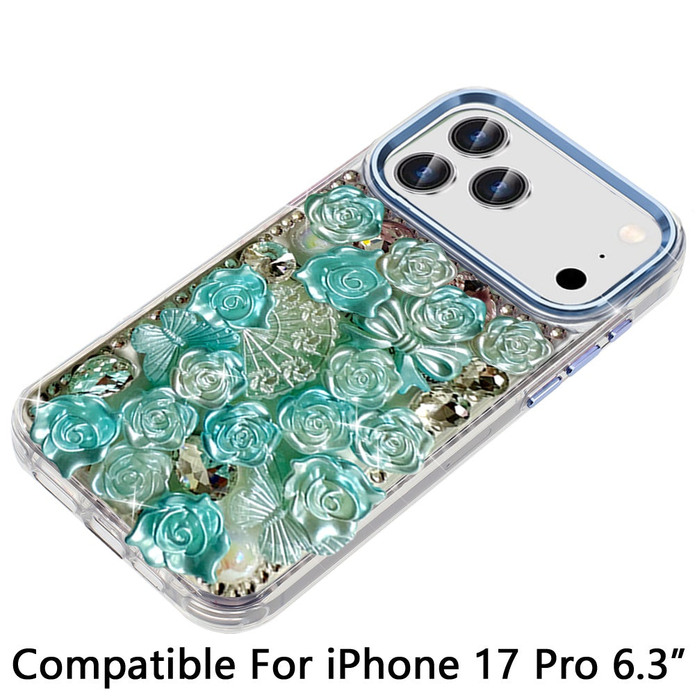 For Apple iPhone 17 Pro (6.3") Muti-Color Floral Fashion Bling Crystal 3D Full Diamonds Stones Sparkle Rhinestone Glitter Hybrid Case Cover