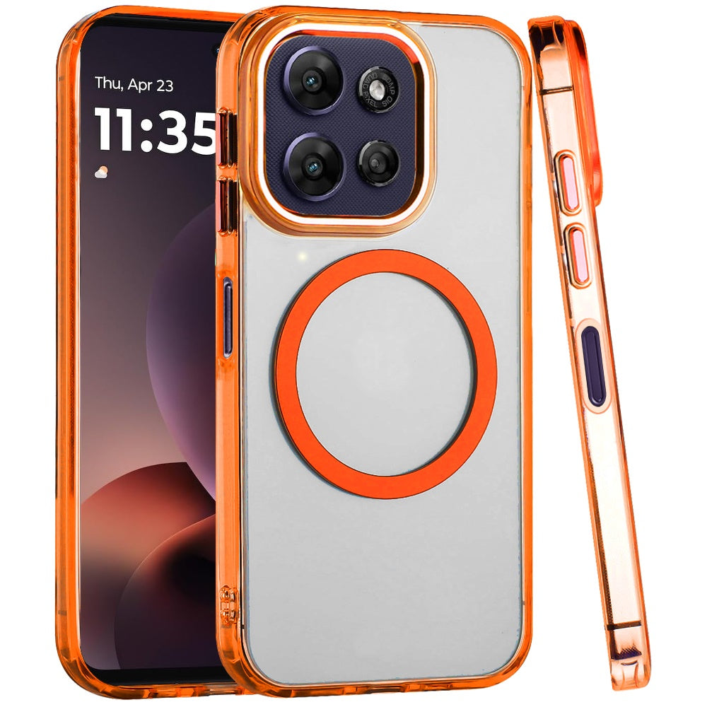 For Motorola Moto G 5G 2026/2025 Transparent Back Hybrid Case - Magnetic Circle, Color Frame, Metal Buttons, MagSafe Compatible Case Cover Cosmic Orange