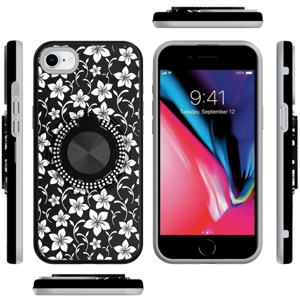 For Apple iPhone SE 3 (2022) SE/8/7 Pattern Design Hybrid with Invisible Ring Stand & Magnetic Back, Shockproof Protective Grip Case Cover