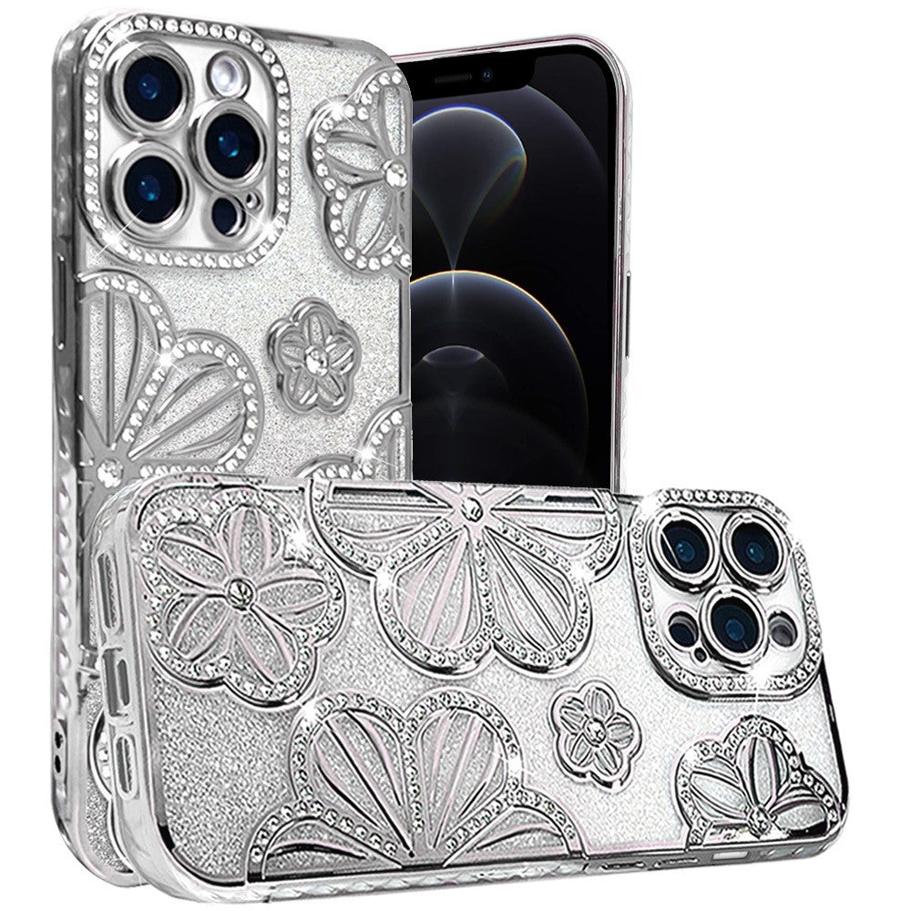 For Samsung Galaxy A26 Luxury Flower Design Sparkle Glitter Diamond Rhinestone Shimmer Bling Plating Thick TPU Hard PC Case Cover Flower Silver