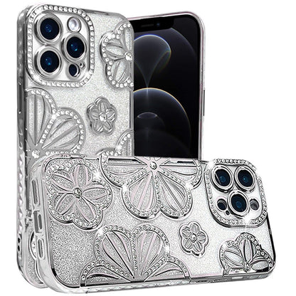 For Apple iPhone 12 Pro Max Luxury Flower Design Sparkle Glitter Diamond Rhinestone Shimmer Bling Plating Thick TPU Hard PC Case Cover