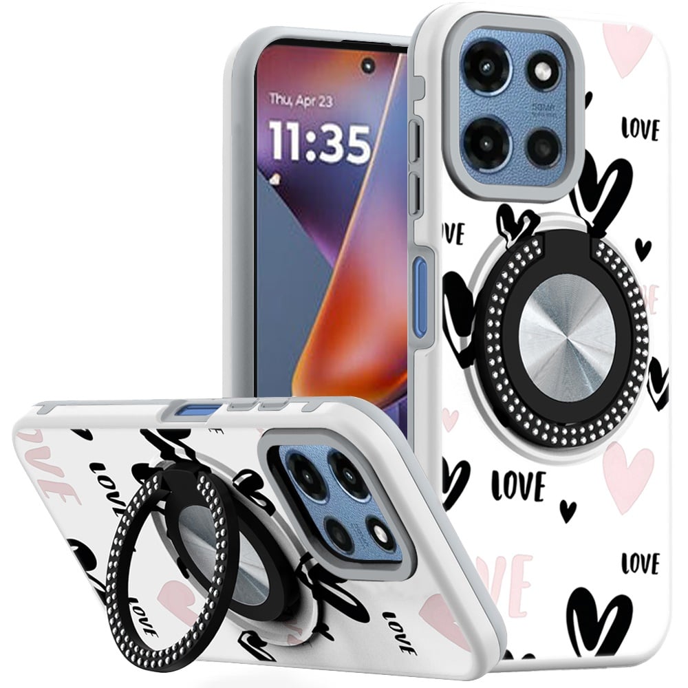 Phone Case for Motorola Moto G Play 5G 2026 Magnetic Ring Stand Matte Metal Hybrid Car Mount Friendly Shockproof Rotational Grip Diamond Design Pattern Cover Love Heart Love