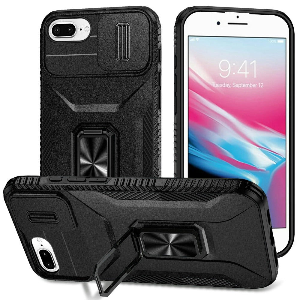For iPhone 8 Plus / iPhone 7 Plus Case, Camera Cover with Magnetic Rotation Ring Stand, Military Grade Hybrid Hard TPU Shockproof Case Cover