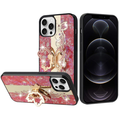 For Apple iPhone 12 Pro Max Diamond Bling Sparkly 3D Ornaments Engraving Hybrid with Ring Stand Fashion Case Cover Enchanted Butterfly Red
