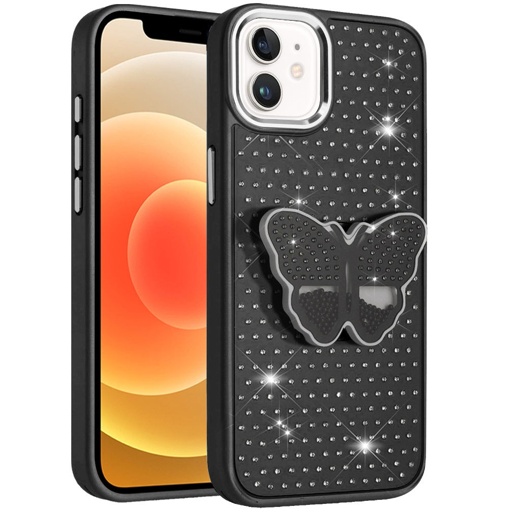 For Apple iPhone 16 (6.1") Butterfly Moveable Grip 3D Pop Stand Full Diamond Bling Sparkling TPU Fashion Hybrid Case Cover
