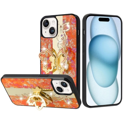 Phone Case for iPhone 15 (6.1") Diamond Glitter Butterfly Engraved Ring Stand Luxury Bling Hybrid Shockproof Chrome Edge Protective Durable Grip Cover Enchabted Butterfly Cosmic Orange