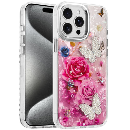 For Apple iPhone 14 Pro Max Epoxy Glitter Flowers Bling 3D Butterfly Fashion TPU Hybrid with Shockproof Protection Case Cover