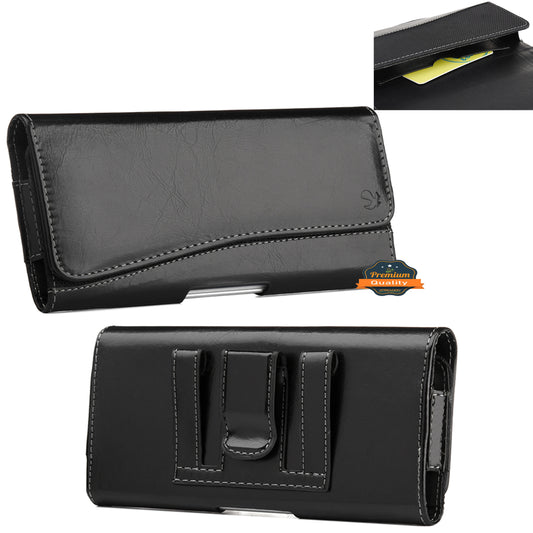 For Apple iPhone 16 (6.1") Universal Horizontal Leather Case Belt Clip Holster with Clip Loops Cell Phone Carrying Pouch [Magnetic Closure] [Black]