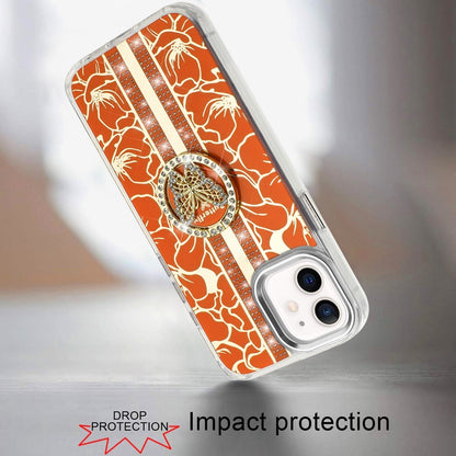 For iPhone 15 Plus (6.7") Diamonds 3D Butterfly Floral Design Bling Sparkly Glitter Hybrid Metal Fashion with Ring Stand Case Cover Cosmic Orange