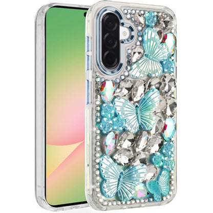 For Samsung Galaxy A57 3D Diamond Floral Butterfly Bling Stone Hybrid, Sparkly Rhinestone Gemstone Back Shockproof Case Cover