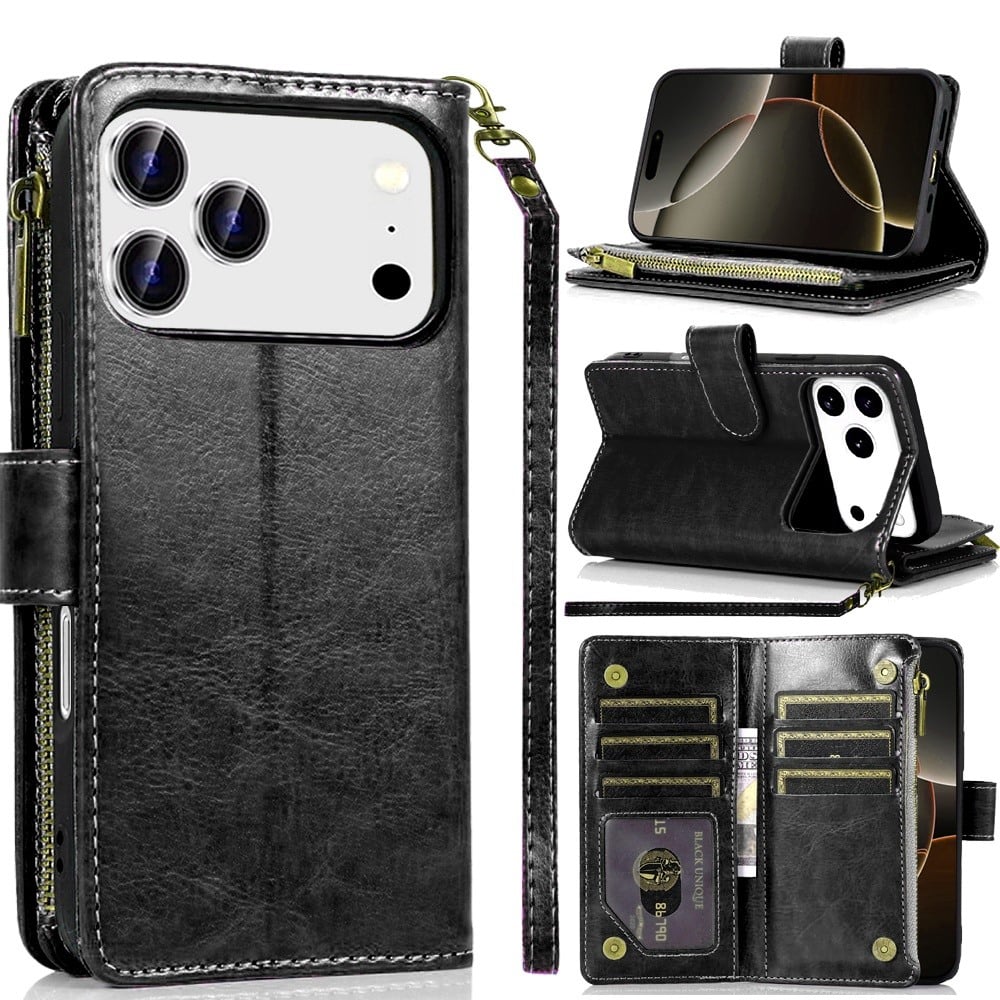 For Apple iPhone 17 Pro (6.3") Leather Wallet Case with Zipper, 9 Card Slots, Cash Pocket, Stand & Strap, Clutch Pouch Design Case Cover
