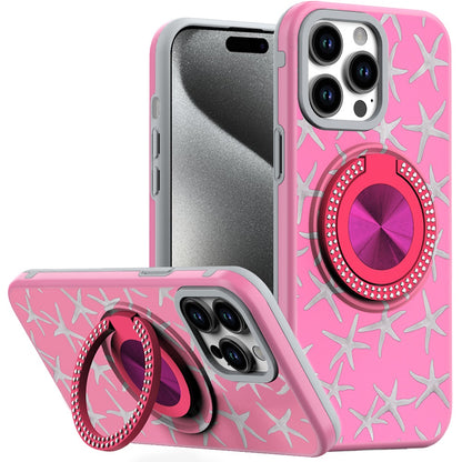 For Apple iPhone 16e Pattern Design Hybrid with Invisible Ring Stand & Magnetic Back, Shockproof Protective Grip Case Cover Pink Starfish