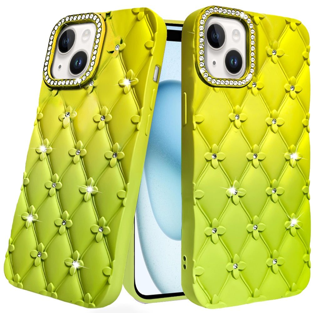 For iPhone 15 (6.1") Fashion Flower Design Sparkle Glitter Shimmer Rhinestone Bling Floral Accents, Leather Texture TPU Case Cover Light Green/Teal